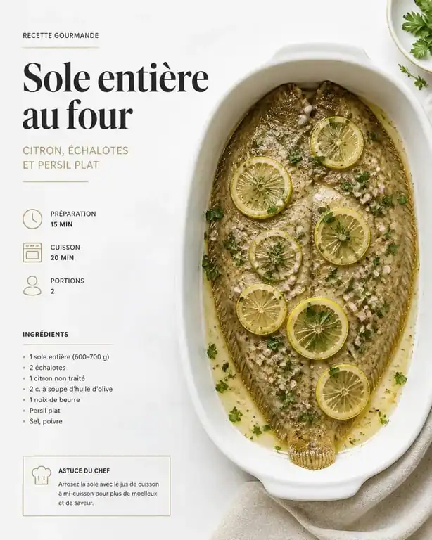 Sole au four aux citrons et herbes fraîches dans un plat de service