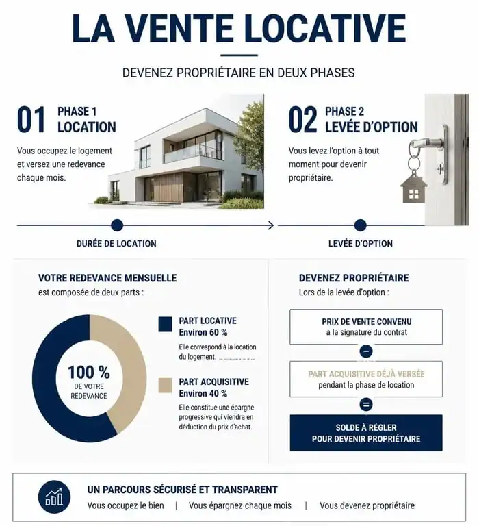 Schéma explicatif du fonctionnement de la vente locative et du PSLA pour devenir propriétaire