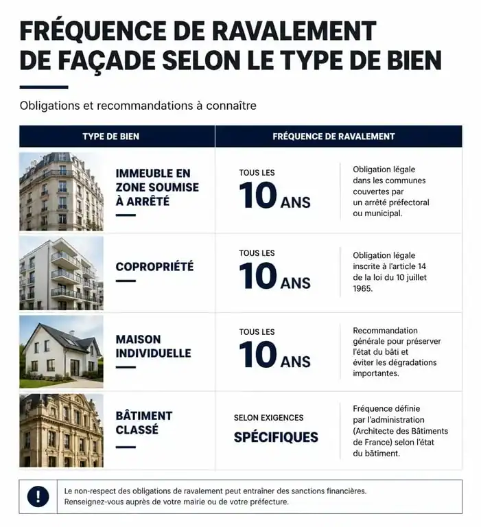 Tableau récapitulatif des fréquences de ravalement de façade et obligations légales