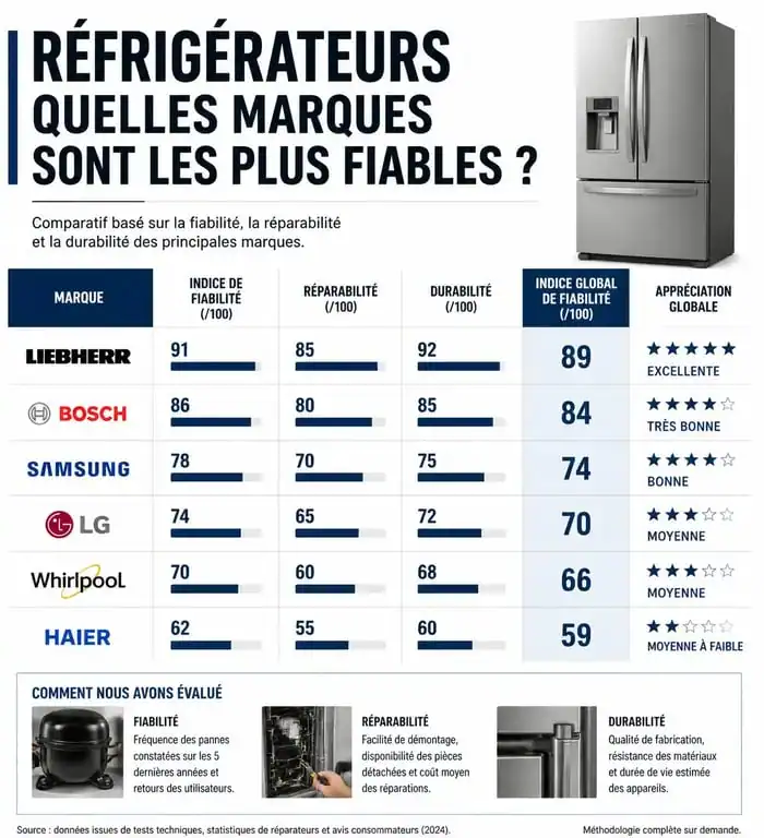Infographie comparative des marques de réfrigérateurs à éviter pour choisir un modèle fiable et durable