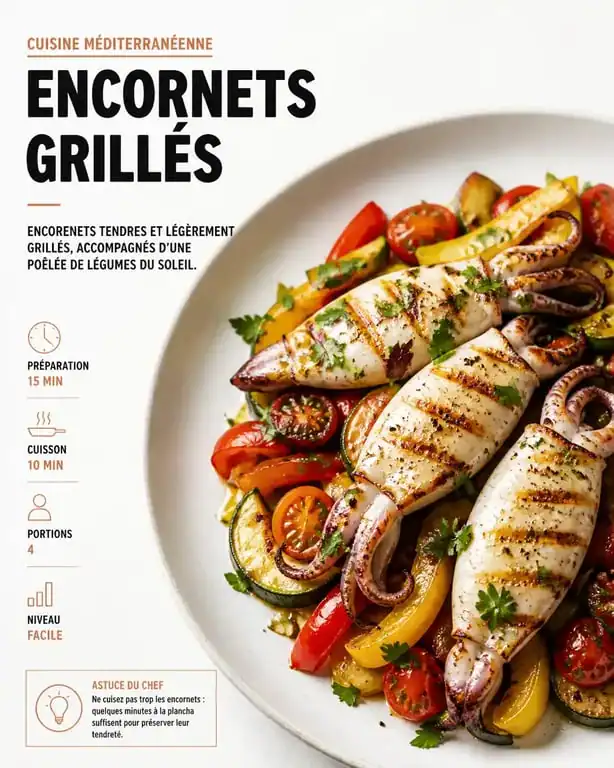 Assiette d'encornets grillés et légumes méditerranéens, idée d'accompagnement encornets