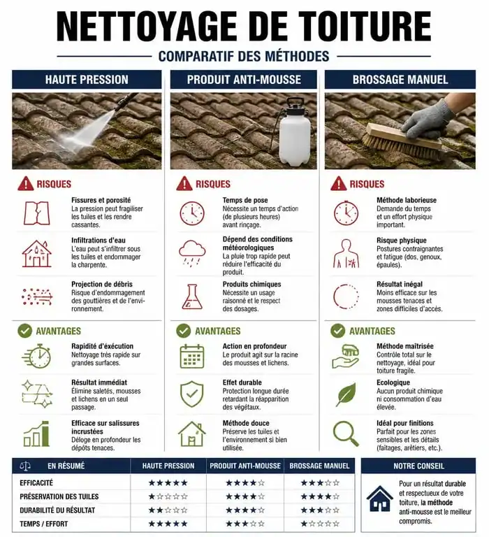 Comparatif des méthodes de nettoyage de toiture : haute pression, anti-mousse et brossage manuel pour un entretien sécurisé.