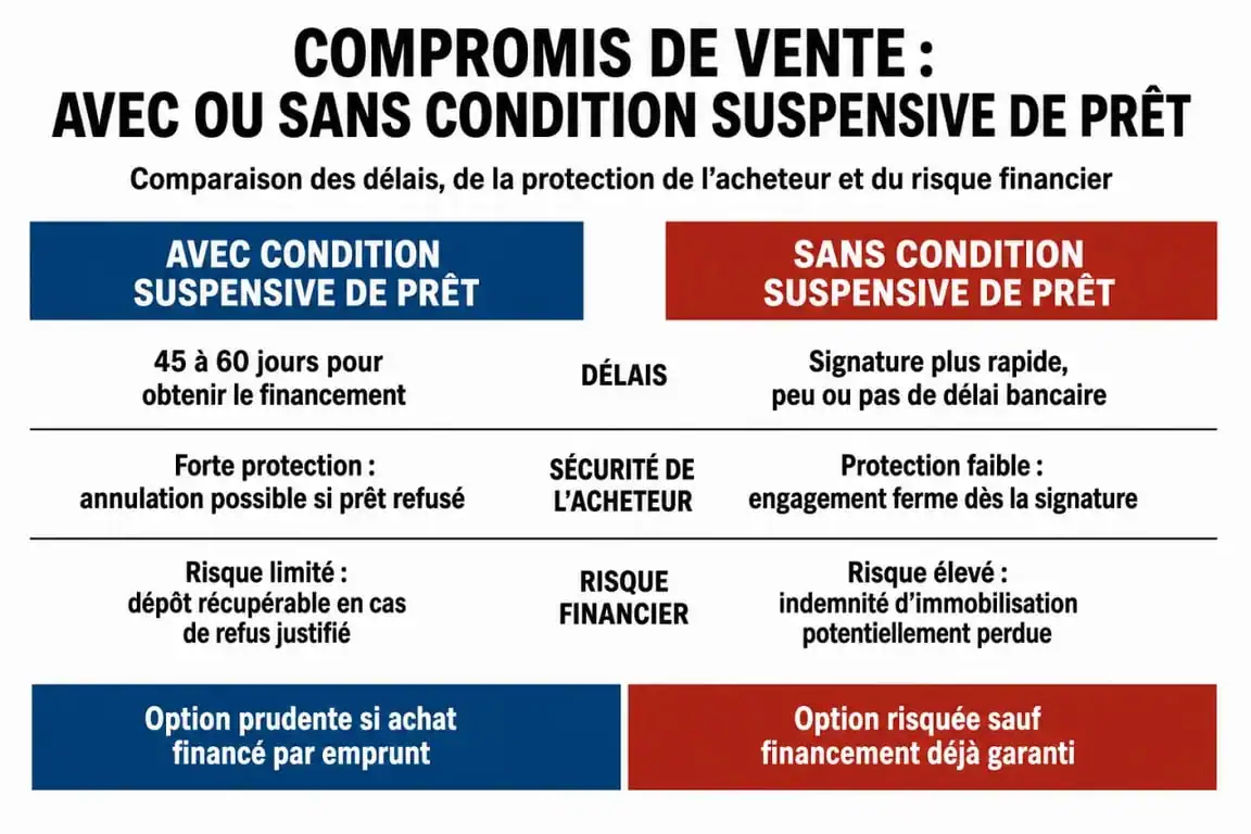 Infographie comparative : compromis de vente sans emprunt vs avec condition suspensive de prêt