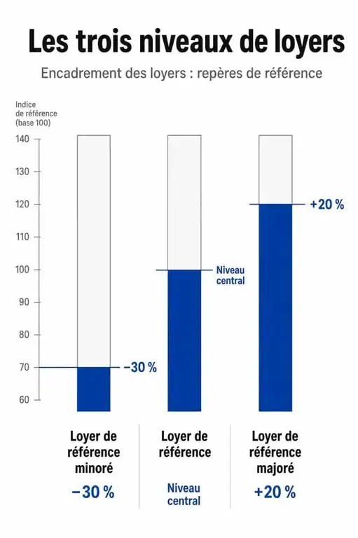 Schéma explicatif des trois niveaux de loyers pour l'encadrement des loyers à Montpellier