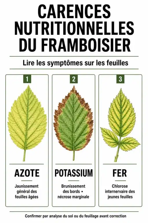 Infographie des symptômes de carence et besoins en engrais pour framboisier