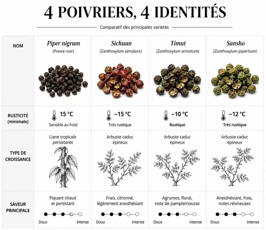 Tableau comparatif des variétés de plantes poivriers : Piper nigrum, Sichuan, Timut et Sansho pour le jardin.