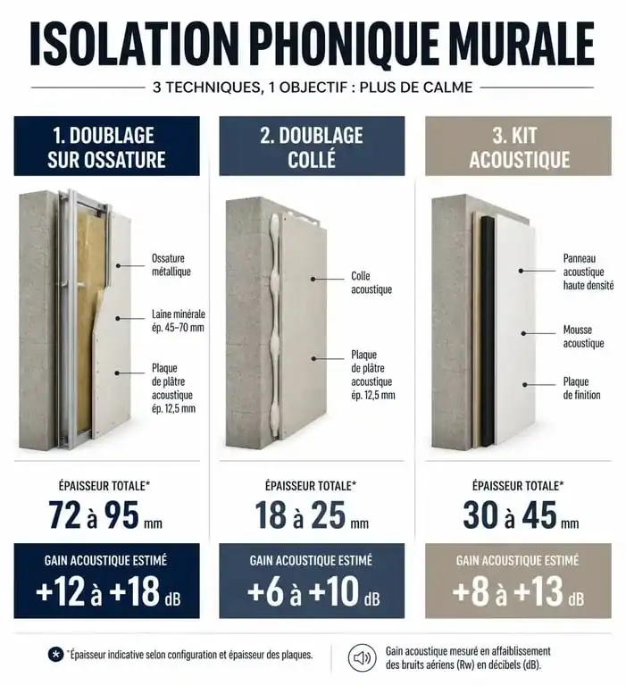 Comparatif des techniques pour isoler phoniquement un mur mitoyen : ossature, doublage collé et kits acoustiques.