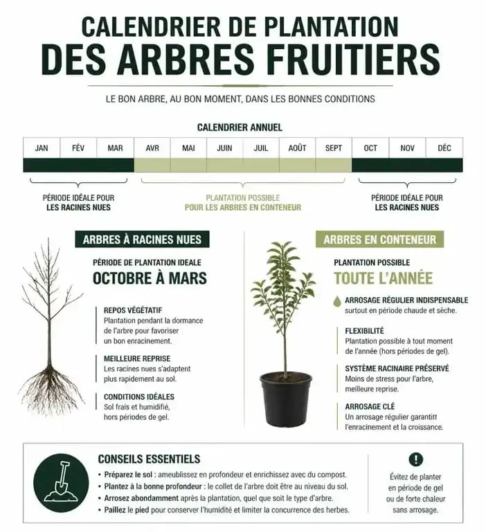 Calendrier de plantation des arbres fruitiers selon le type de racines