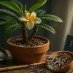 Fleurs frangipanier de Plumeria en pot, serre lumineuse, feuilles et fleurs