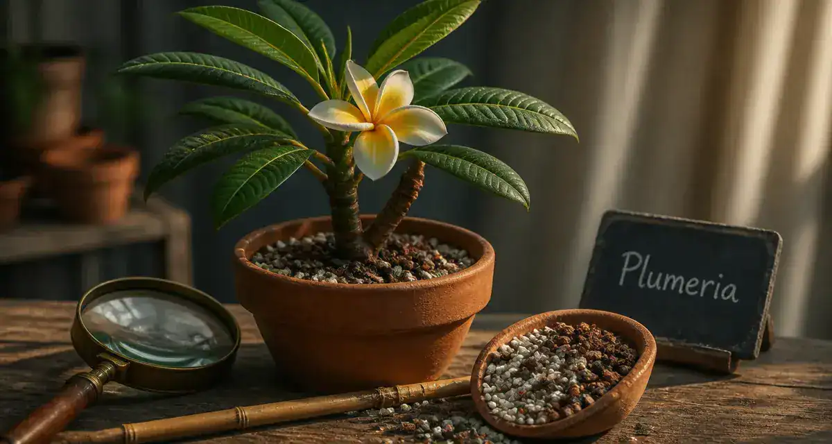 Fleurs frangipanier de Plumeria en pot, serre lumineuse, feuilles et fleurs