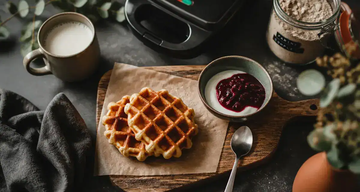 Gaufre healthy peu calorique : gaufres dorées, yaourt grec et fruits rouges