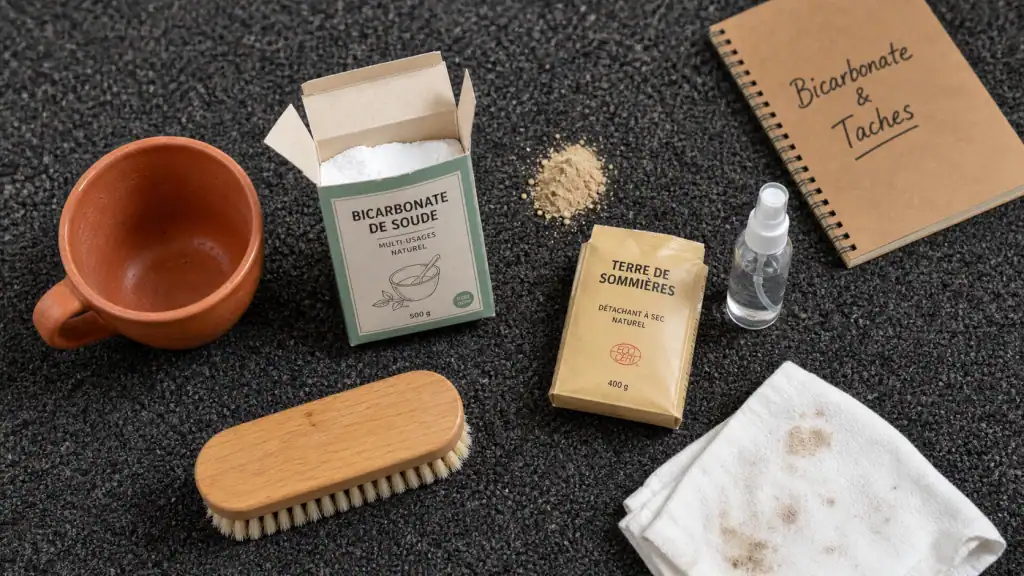 Nettoyer une moquette : bicarbonate et terre de Sommières sur moquette grise