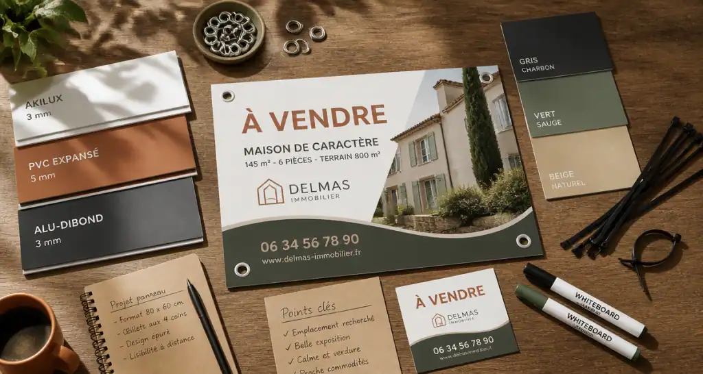Panneaux agence immobilière Akilux PVC Alu-Dibond sur bureau