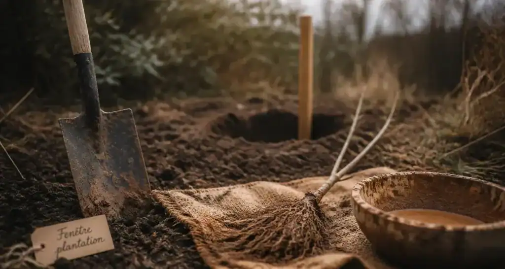 Quand planter un arbre fruitier : bêche, jeune pommier, fenêtre plantation pour une reprise garantie