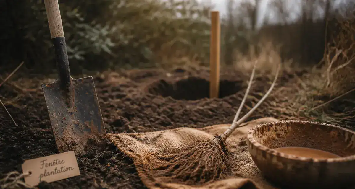 Quand planter un arbre fruitier : bêche, jeune pommier, fenêtre plantation pour une reprise garantie