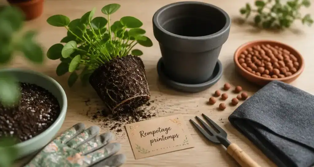 Quand rempoter une plante : plante extraite et pot prêt au rempotage