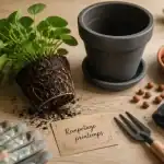 Quand rempoter une plante : plante extraite et pot prêt au rempotage