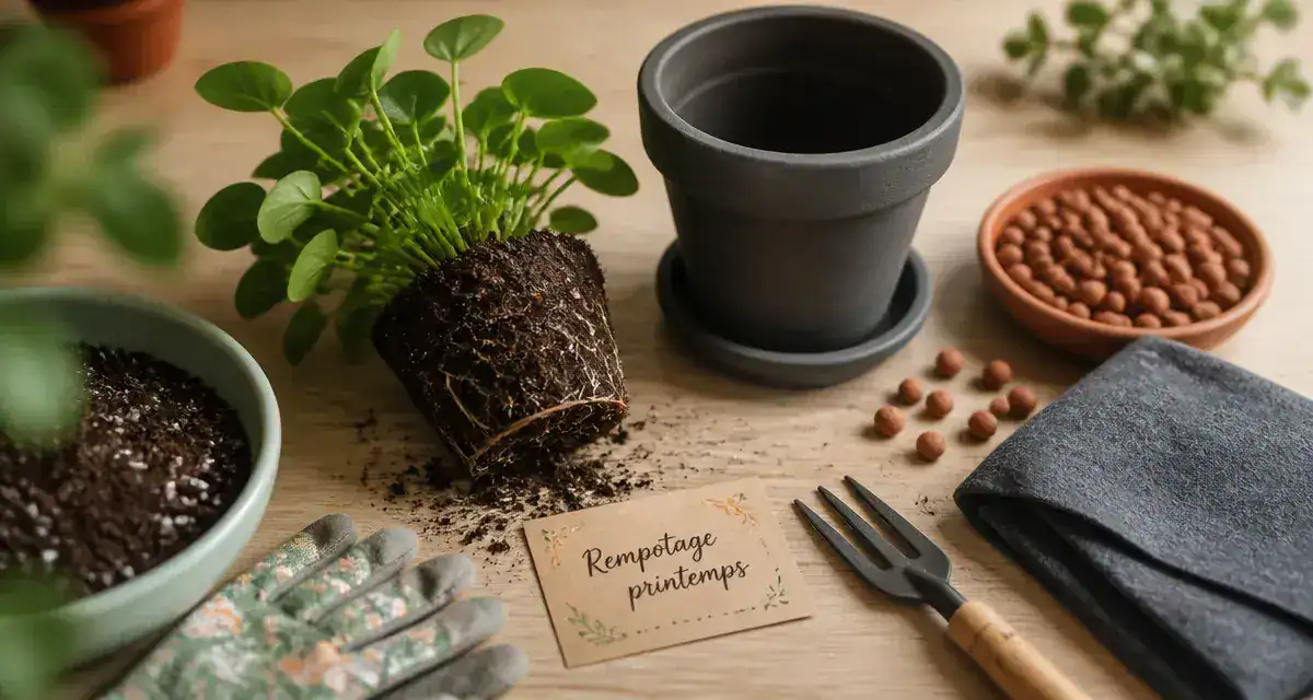 Quand rempoter une plante : plante extraite et pot prêt au rempotage