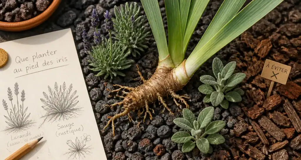 Que mettre au pied des iris : 3 plantes et paillis pour protéger les rhizomes