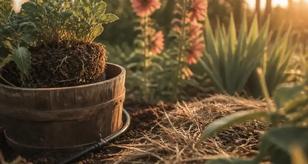 Que planter en juillet août fleurs : motte pralinée, goutte-à-goutte, paillage pour massifs.