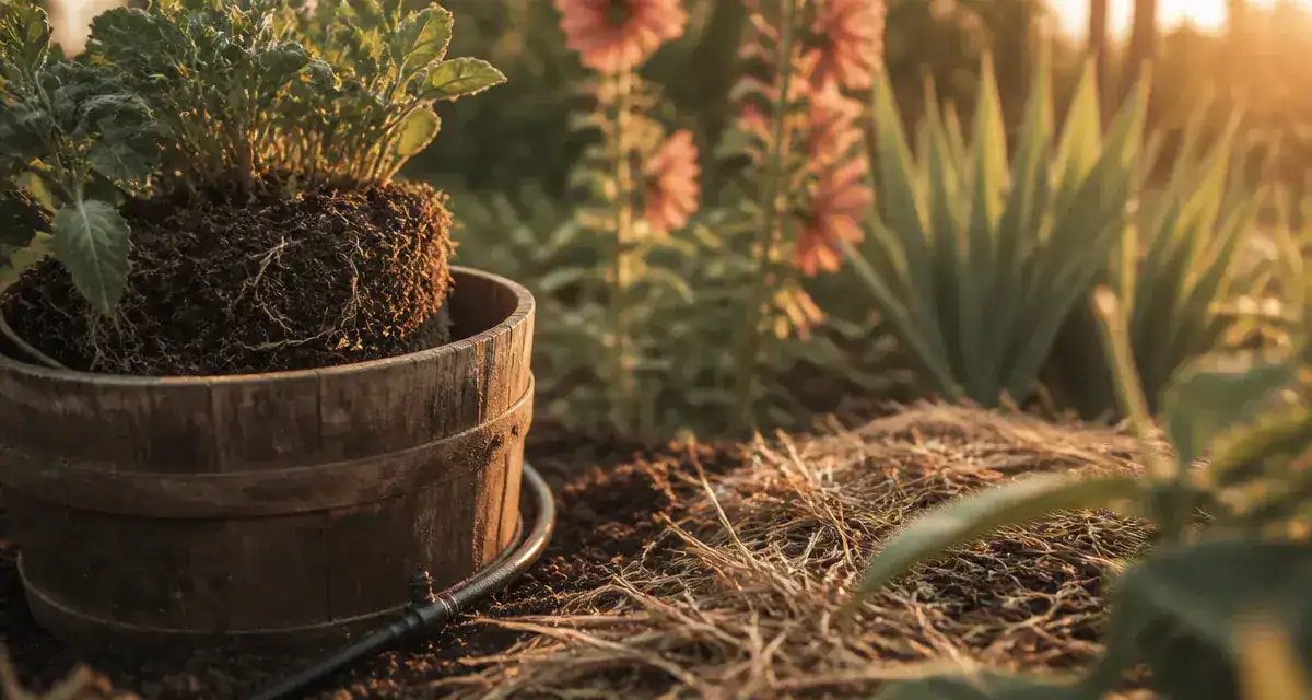 Que planter en juillet août fleurs : motte pralinée, goutte-à-goutte, paillage pour massifs.