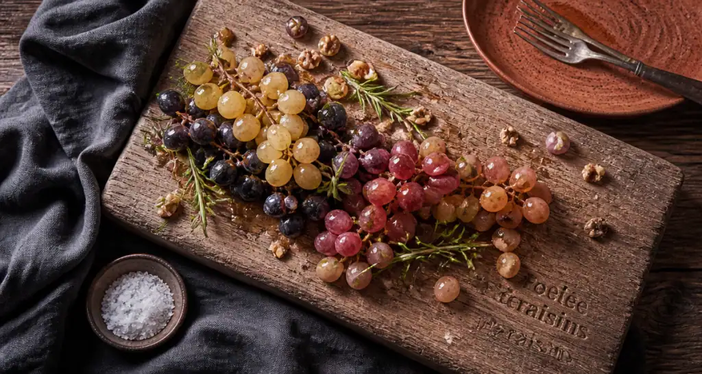 recette au raisin poêlée sur planche bois