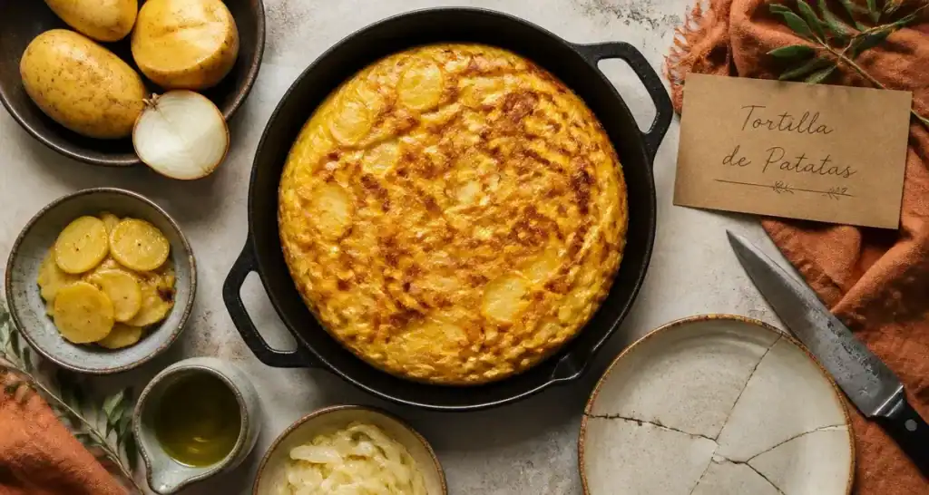Recette en espagnol tortilla de patatas fondante, poêle en fonte
