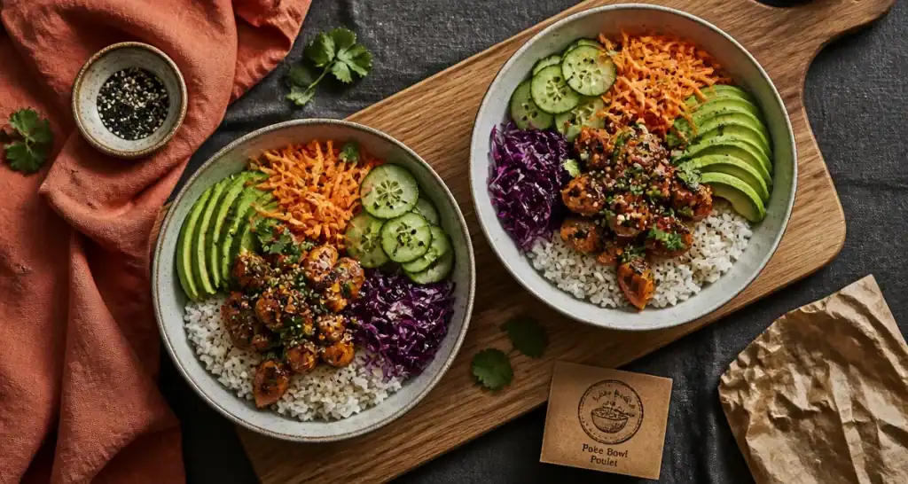 Recette poke bowl poulet : riz parfait et poulet teriyaki, légumes et sésame