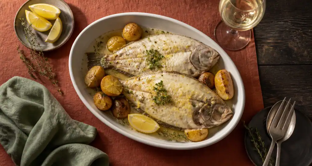 sole au four en plat céramique avec citron et persil