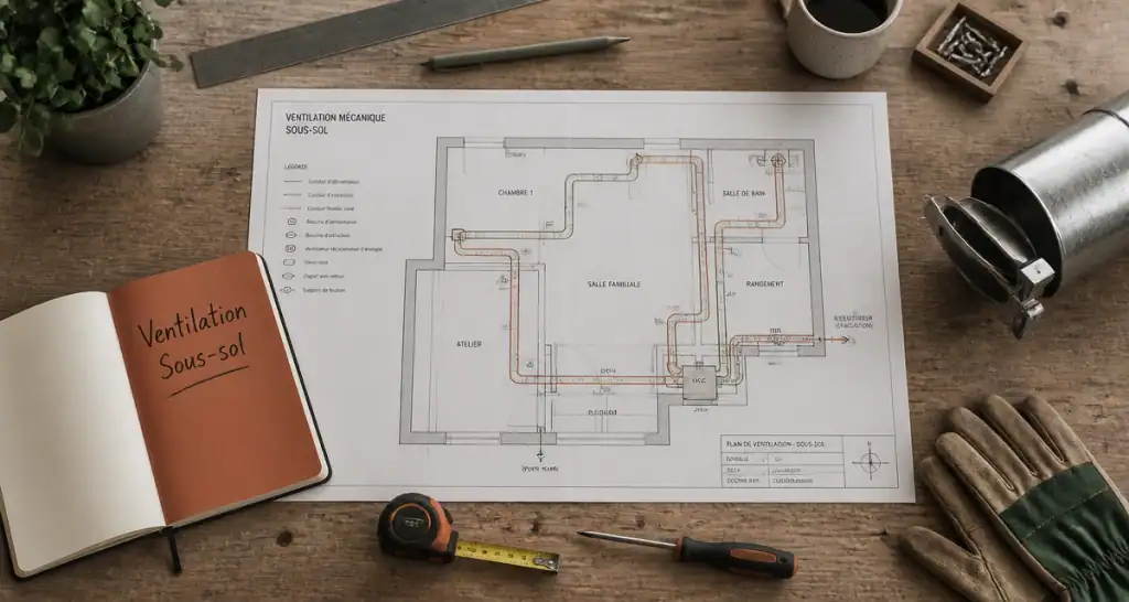 Plan ventilation mecanique sous sol sur bureau atelier