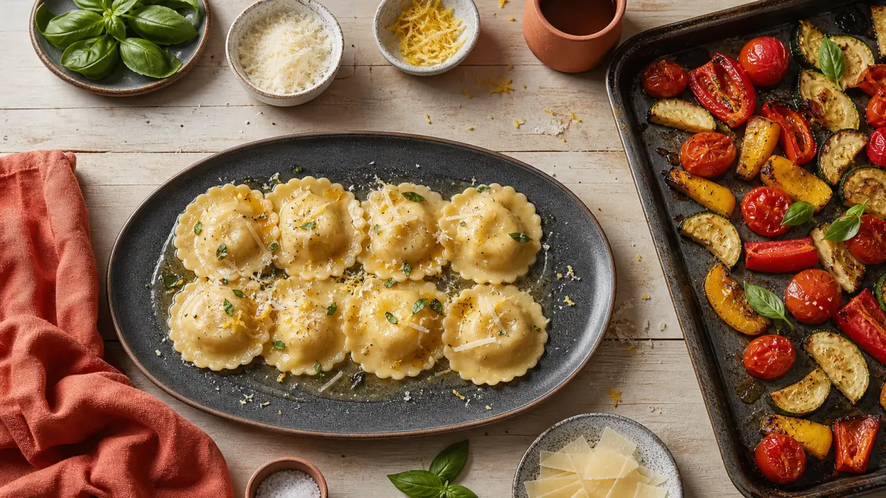 Accompagnement ravioli : raviolis avec légumes de saison rôtis et sauce légère