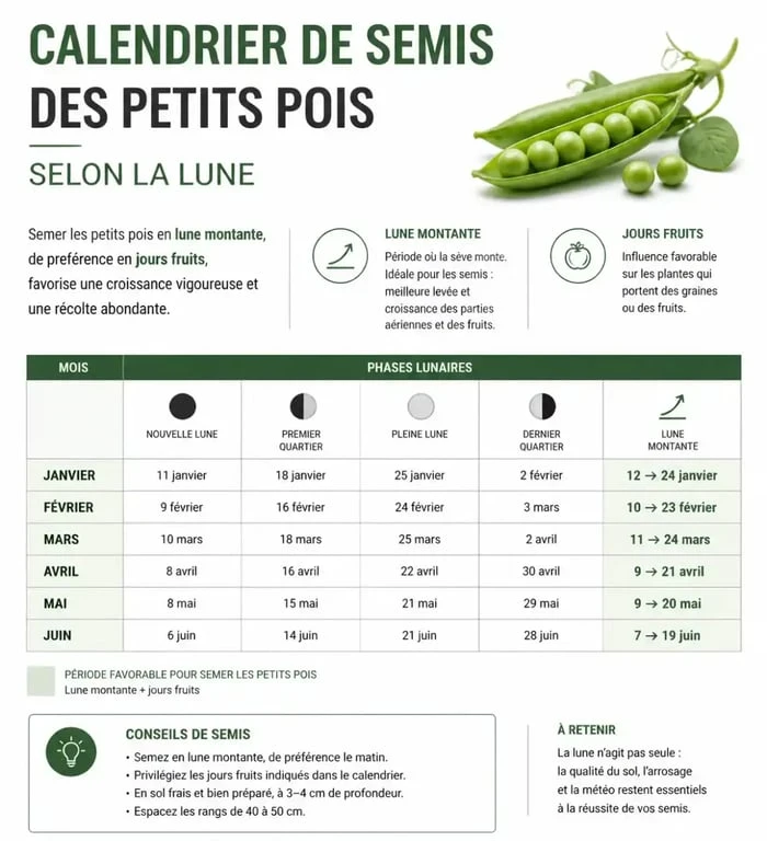Calendrier lunaire pour le semis des petits pois : périodes idéales et phases de la lune
