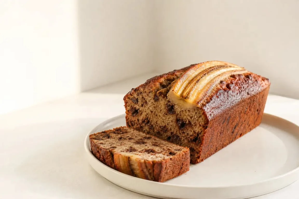 Banana bread ultra moelleux servi en tranche, avec mie tendre et pépites de chocolat