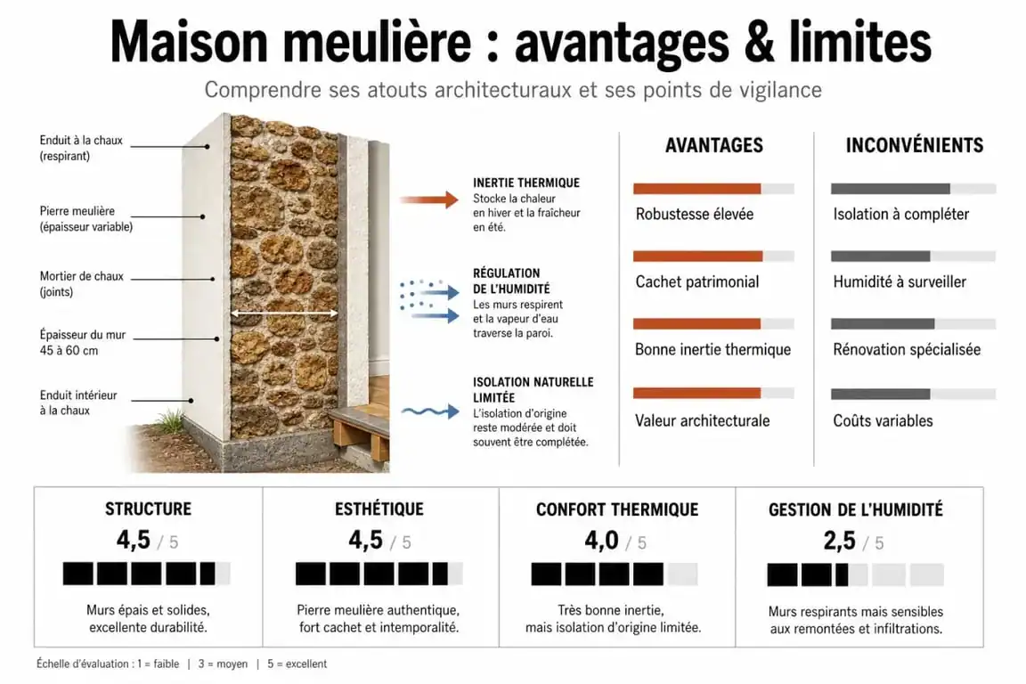 Infographie des avantages et inconvénients d'une maison meulière pour la rénovation et l'achat immobilier