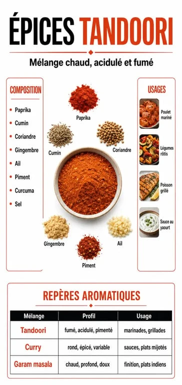 Infographie sur les tandoori epices avec composition, usages et comparaison avec curry et garam masala