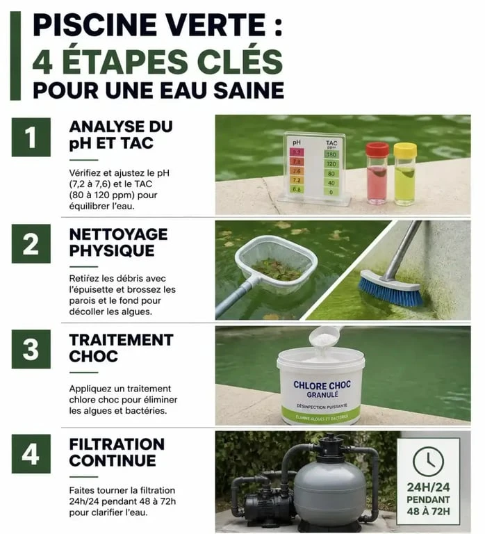 Infographie des étapes pour nettoyer une piscine verte et retrouver une eau claire
