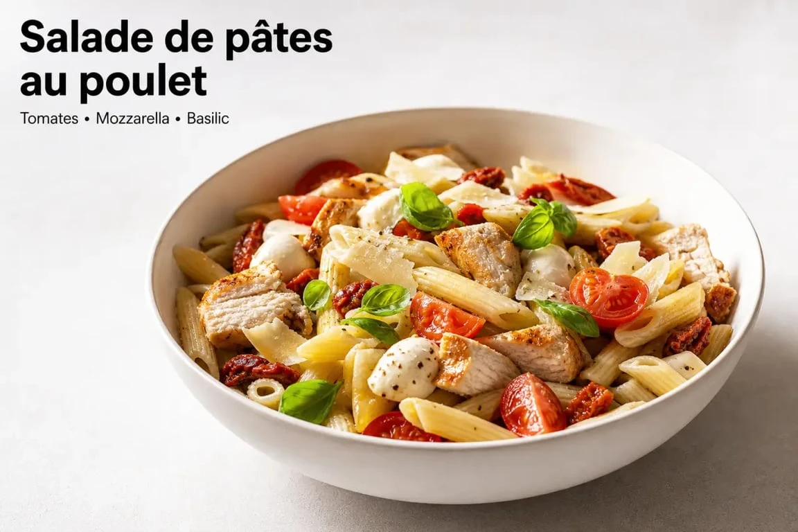 Salades de pates au poulet avec poulet doré, tomates cerise et mozzarella