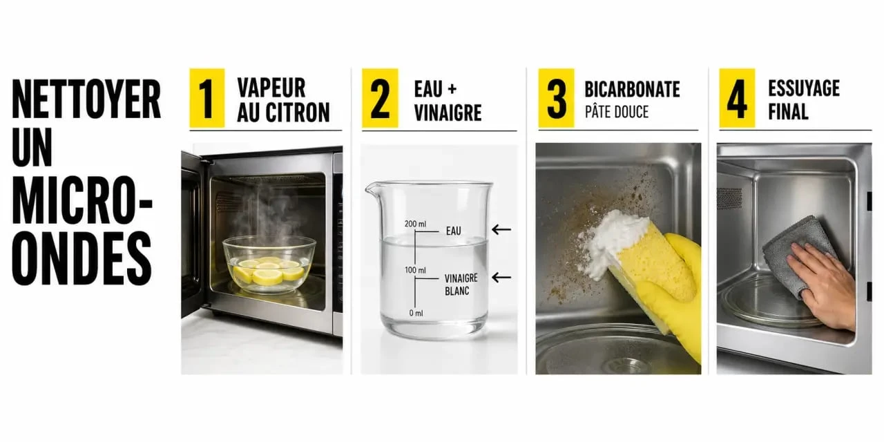Nettoyage micro onde en 4 étapes avec citron, vinaigre, bicarbonate et chiffon microfibre