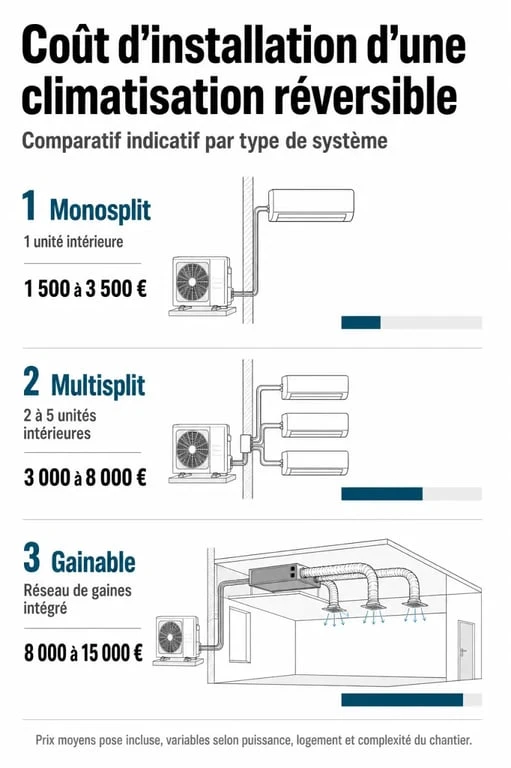 Comparatif des prix d'installation d'une climatisation réversible : monosplit, multisplit et gainable
