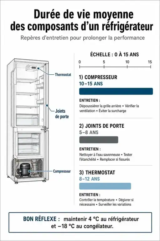 Infographie sur la durée de vie d'un frigo et conseils d'entretien pour prolonger sa longévité