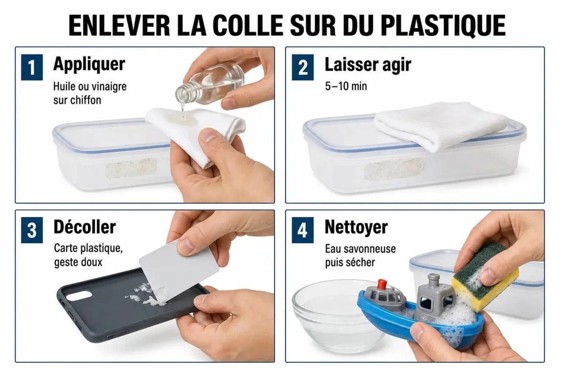 Comment enlever de colle sur du plastique : étapes douces avec huile, vinaigre, carte plastique et nettoyage final