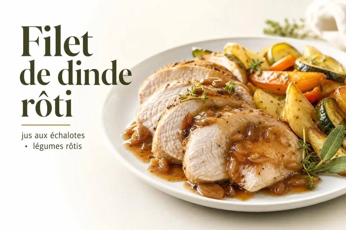 Recette filet de dinde au four moelleux servie en tranches avec jus aux échalotes