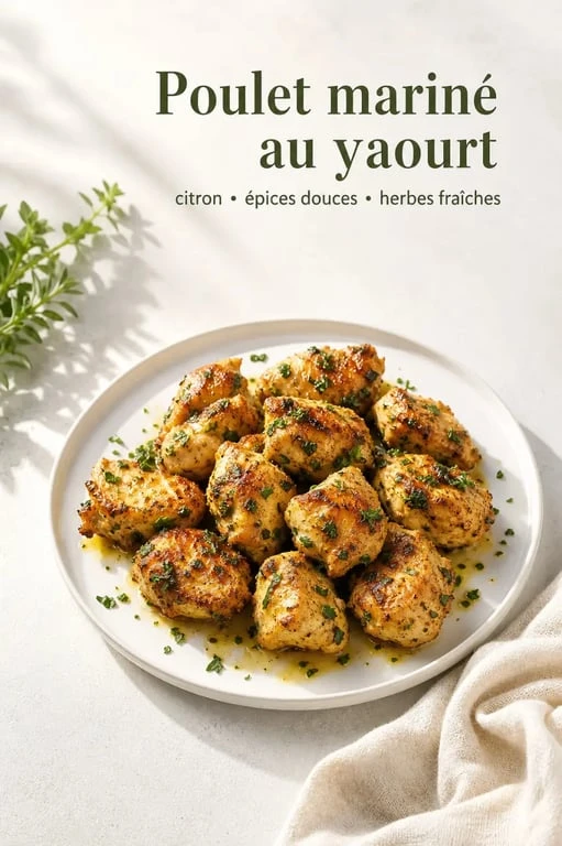 Marinade pour attendrir le poulet : poulet mariné au yaourt, citron et épices douces, doré et servi en assiette