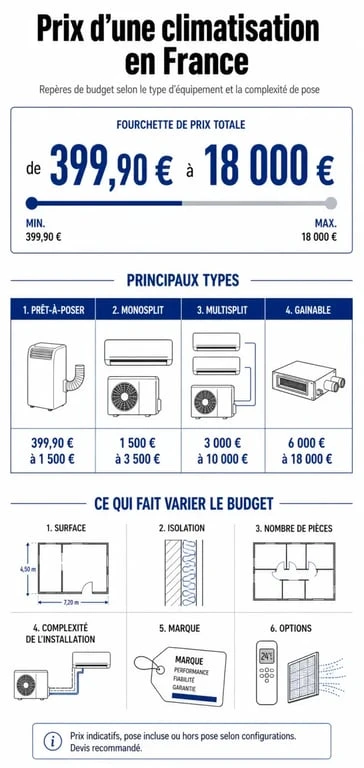Infographie sur le clim prix avec fourchettes de tarifs et facteurs qui influencent le budget