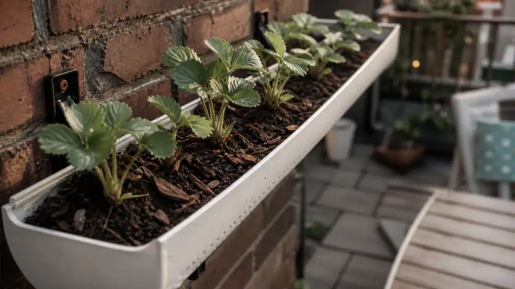 Fraisier dans gouttière avec drainage 6 mm et racines visibles