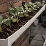 Fraisier dans gouttière avec drainage 6 mm et racines visibles