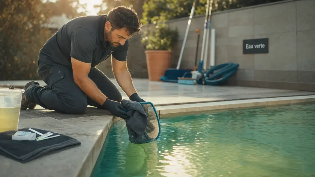 Nettoyer piscine verte : technicien nettoie et teste l’eau verte