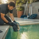 Nettoyer piscine verte : technicien nettoie et teste l’eau verte