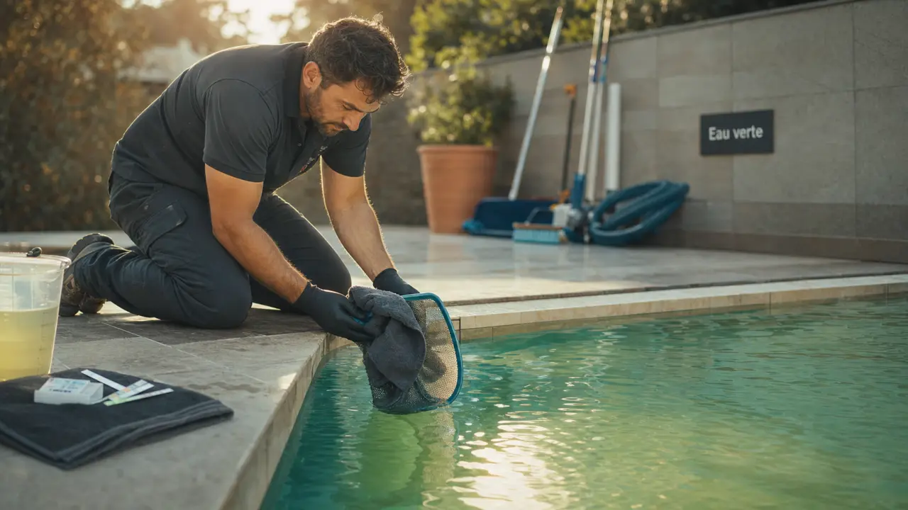Nettoyer piscine verte : technicien nettoie et teste l’eau verte