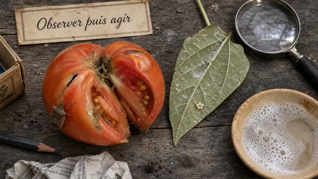 Punaise de jardin sur tomate avec œufs et eau savonneuse